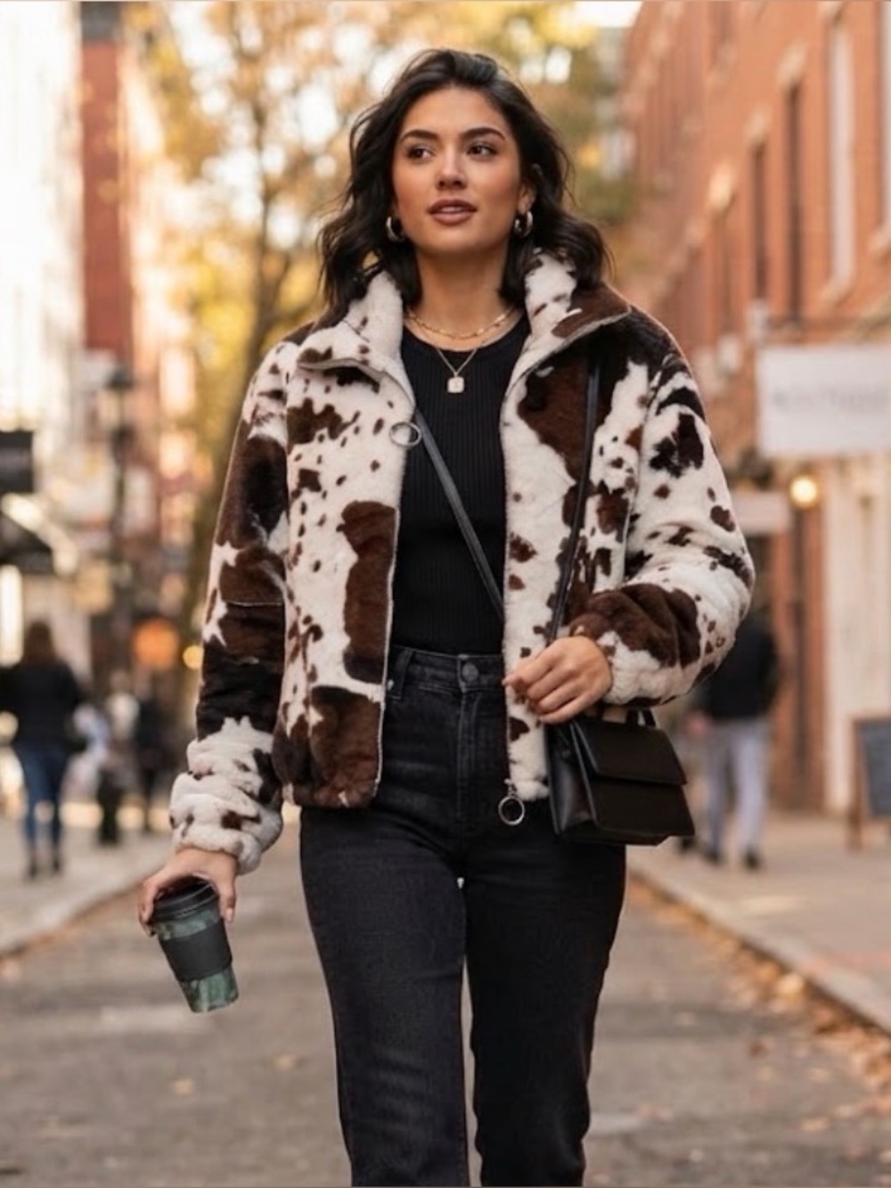 KYOYO Cow Print Faux Fur Plush Jacket Western Cowhide Zip Coat